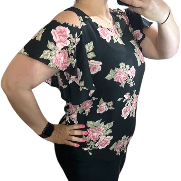 Fortune + Ivy MEDIUM Anwe Cold Shoulder Top - Stitch Fix Floral Chiffon Blouse - Picture 5 of 16